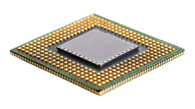 A detailed closeup of a goldpinned microchip, isolated on transparent background, reveals its intricate design and technological complexity