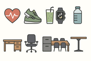 Healthy lifestyle and office furniture icons: fitness, hydration, sleep, workspace essentials