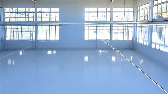 A spacious, empty indoor room with large windows and a shiny white floor.
