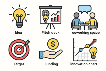 Business strategy icons featuring ideas, pitch deck, coworking, target, funding, innovation