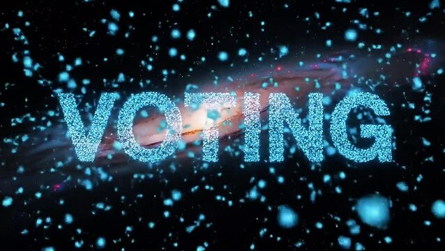 Voting Word Visualized in Space: A captivating digital composition of the word 'voting', illuminated in vibrant, light-blue particles, floats in the cosmos.