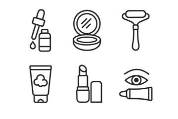 Skincare and makeup icons: serum, compact, roller, cream, lipstick, eye cream