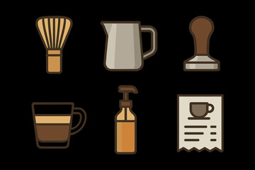 Coffee accessories icons: brush, milk jug, tamper, cup, syrup bottle, receipt