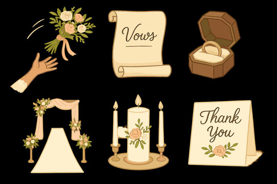 Elegant wedding elements: bouquet, vows, ring, arch, candles, thank you card - Powered by Adobe