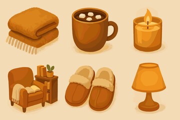 Cozy home essentials - blanket, hot chocolate, candle, armchair, books, slippers, lamp