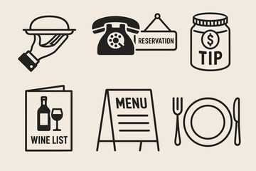 Restaurant essential icons: dining, menu, reservation, tip jar, wine list, table setting