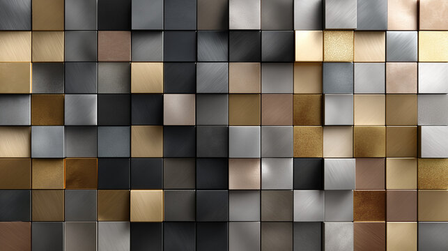Metallic cube mosaic with gold, silver, and bronze is vibrant and modern, ideal for backgrounds, banners, and digital designs.