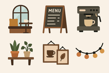 Cozy coffee shop icons with menu board, coffee machine, and decor elements