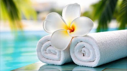Two neatly rolled white towels with a plumeria flower placed on top, set against a blurred background of a pool.
