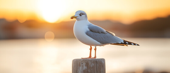 seagull on a wooden post near the ocean background for summer
