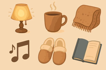 Cozy home essentials: lamp, coffee, blanket, music note, slippers, open book