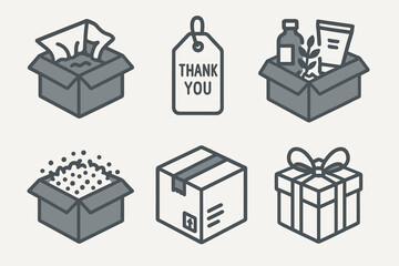 Icon set of gift, shipping, and thank you boxes with minimalist design