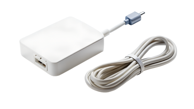 A white usb power adapter with its cable is neatly coiled and isolated on transparent background
