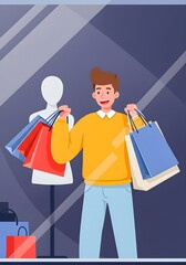 A cheerful man holding shopping bags, standing in front of a store window with a mannequin.