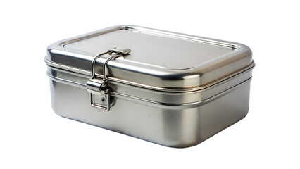 A silver stainless steel lunchbox with a secure clasp is isolated on transparent background