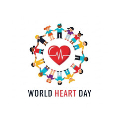 Diverse children holding hands around a red heart, promoting World Heart Day.