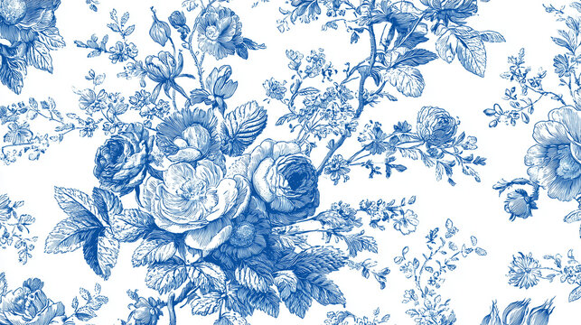 Elegant French blue and white floral toile pattern featuring intricate blooming roses, peonies, and daisies with delicate foliage on crisp white background, embodying timeless cottagecore charm