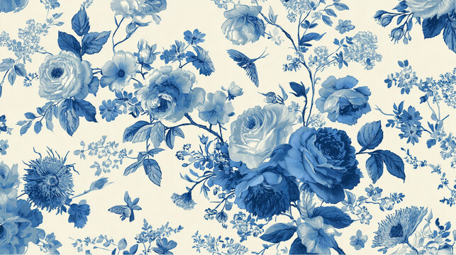 Elegant French blue and white floral toile pattern featuring intricate blooming roses, peonies, and daisies with delicate foliage on crisp white background, embodying timeless cottagecore charm
