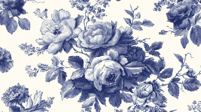 Elegant French blue and white floral toile pattern featuring intricate blooming roses, peonies, and daisies with delicate foliage on crisp white background, embodying timeless cottagecore charm