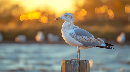 seagull on a wooden post near the ocean background for summer