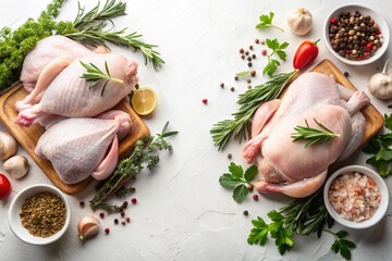 A variety of meats and vegetables are displayed on a wooden cutting board