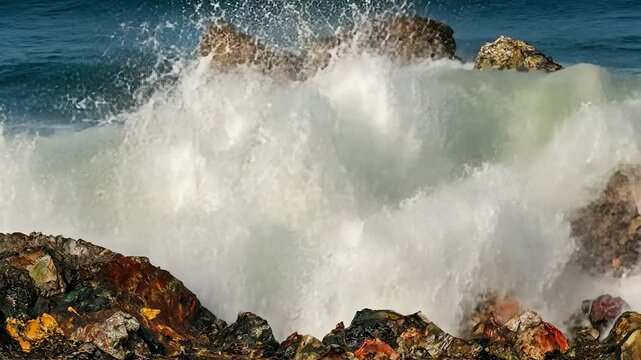 Powerful ocean waves crashing on rocks