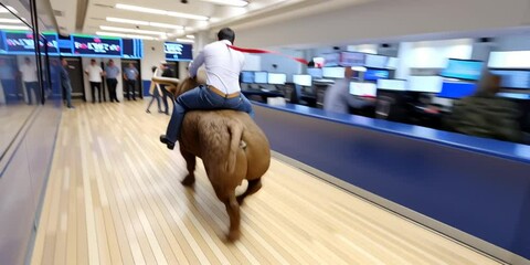 An Entrepreneur rides a raging bull through the Wall Street stock market floor - bull market and good economic growth concept for investors