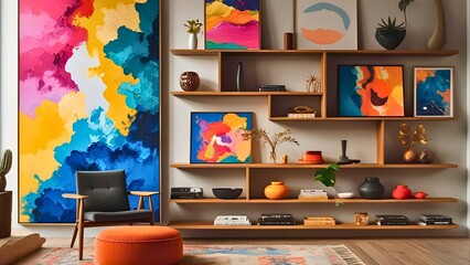 Artistic interior design with colorful abstract paintings and creative shelf arrangements.