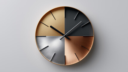 Modern four colored wall clock suitable for interior design projects, office or home decor inspiration, and time management concepts.