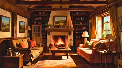 Rustic-style living space featuring wooden beams, vintage furniture, and earthy tones.