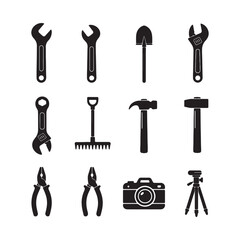 Fototapeta premium Twelve Black Silhouettes of Tools and Photography Equipment on White Background Including Wrenches Hammers Pliers Shovel Rake Camera Tripod
