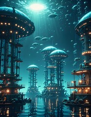 Futuristic Underwater City with Domed Structures and Marine Life