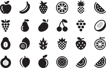 Food fruits glyph icon set. Vector pictograms of banana, strawberry, pineapple, watermelon, grapes, mango, blueberries, peach, cherry, lemon, avocado, pear, kiwi, black sign silhouette illustration.Or