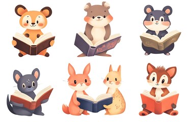 Fototapeta premium Cute cartoon animal characters reading books, a clip art set isolated on a white background