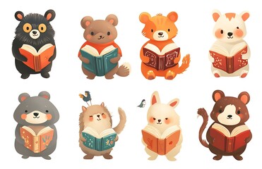 Fototapeta premium Cute cartoon animal characters reading books, a clip art set isolated on a white background