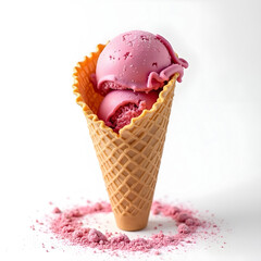 Pink ice cream scoops in a waffle cone on a white background