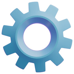 Front view 3d illustration icon of blue gear isolated on transparent background.