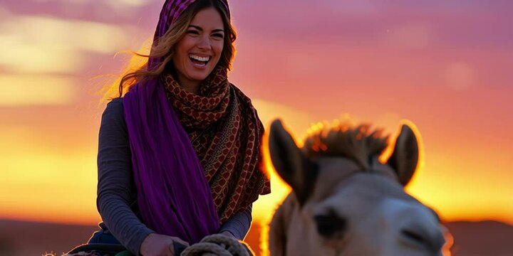 A woman riding a wild dromedary mount in natural outdoor landscape