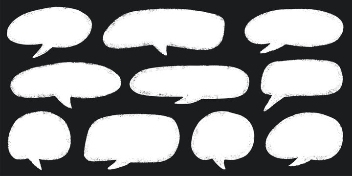 Hand-drawn crayon speech frames and pastel talk bubbles - cute chalk doodle elements for childlike designs or school projects.