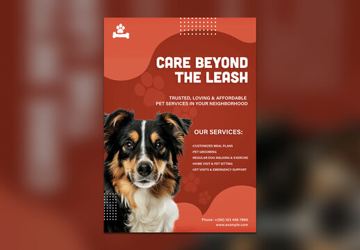 Pet Care Flyer Template &ndash; Dog Grooming, Sitting & Walking Services Poster, A4 Format

