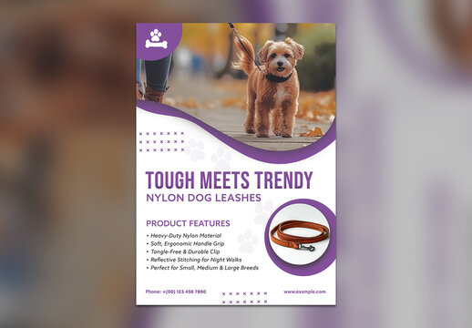 Dog Leash Flyer Template &ndash; Purple Nylon Leash Ad for Pet Product Promotion