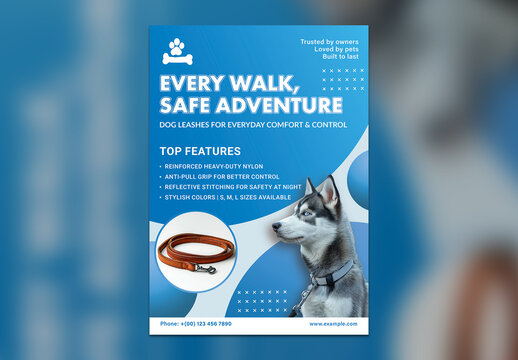 Dog Leash Flyer Template &ndash; Blue Pet Leash Product Promotion with Husky
