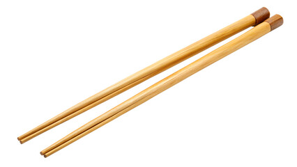 A pair of elegant, light brown bamboo chopsticks is isolated on transparent background