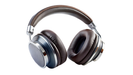 A pair of stylish brown leather headphones with silver accents, isolated on transparent background