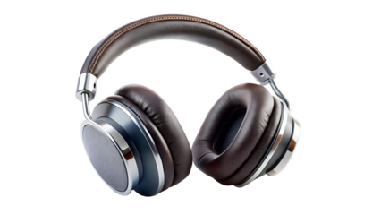 A pair of stylish brown leather headphones with silver accents, isolated on transparent background