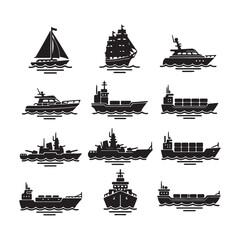 Twelve Black Silhouettes of Various Water Vessels Sailing on Water a Collection of Sailboats Motorboats Cargo Ships and Warships