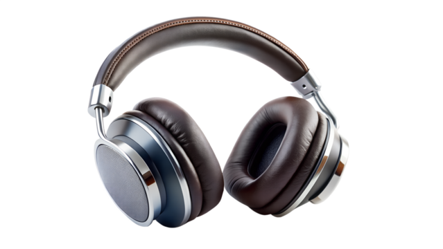 A pair of stylish brown leather headphones with silver accents, isolated on transparent background - Powered by Adobe