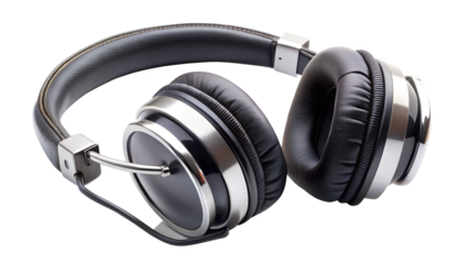 A pair of stylish black leather headphones with silver accents, isolated on transparent background