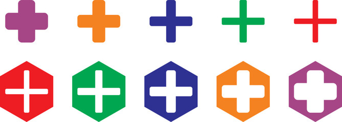 Obraz premium Plus Icon Black. Pluses, Cross Symbol, Addition Logo, Positive Sign, Isolated White, Variations. Vector illustration.