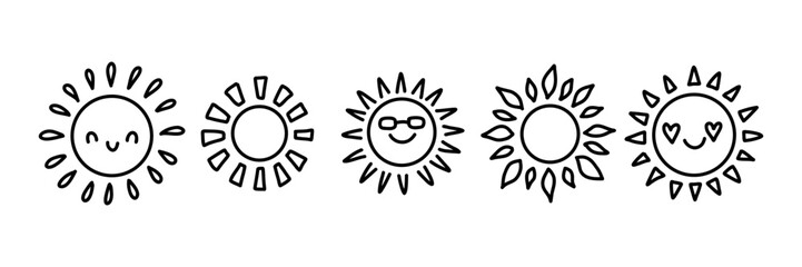 Cute doodle sun icons set with different faces and rays. Hand-drawn summer symbols with smiles, sunglasses, and heart eyes. Perfect for kids design, stickers, weather apps, and decor